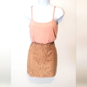 💚5/$25 Poetry Combo Elegant Cream Beige Lace & Pink Chiffon Mini Dress Sz Small